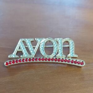 Avon Gold Pin/Brooch with Red and Crystal Accents